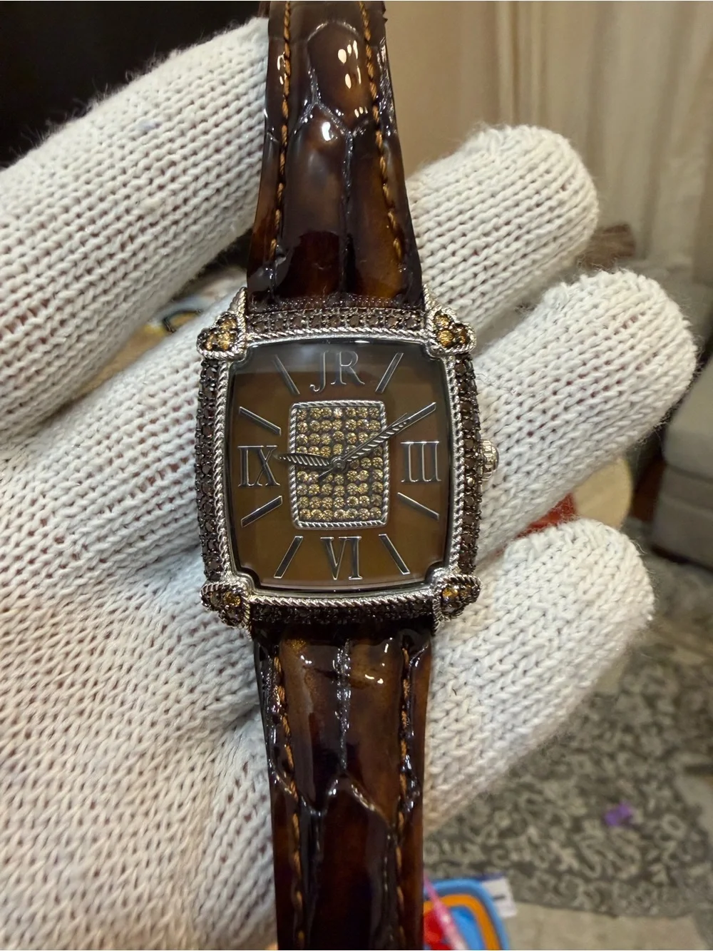 Judith Ripka Monaco Watch Brown Face Pave CZ Crystal Heart Tortoise Strap Runs